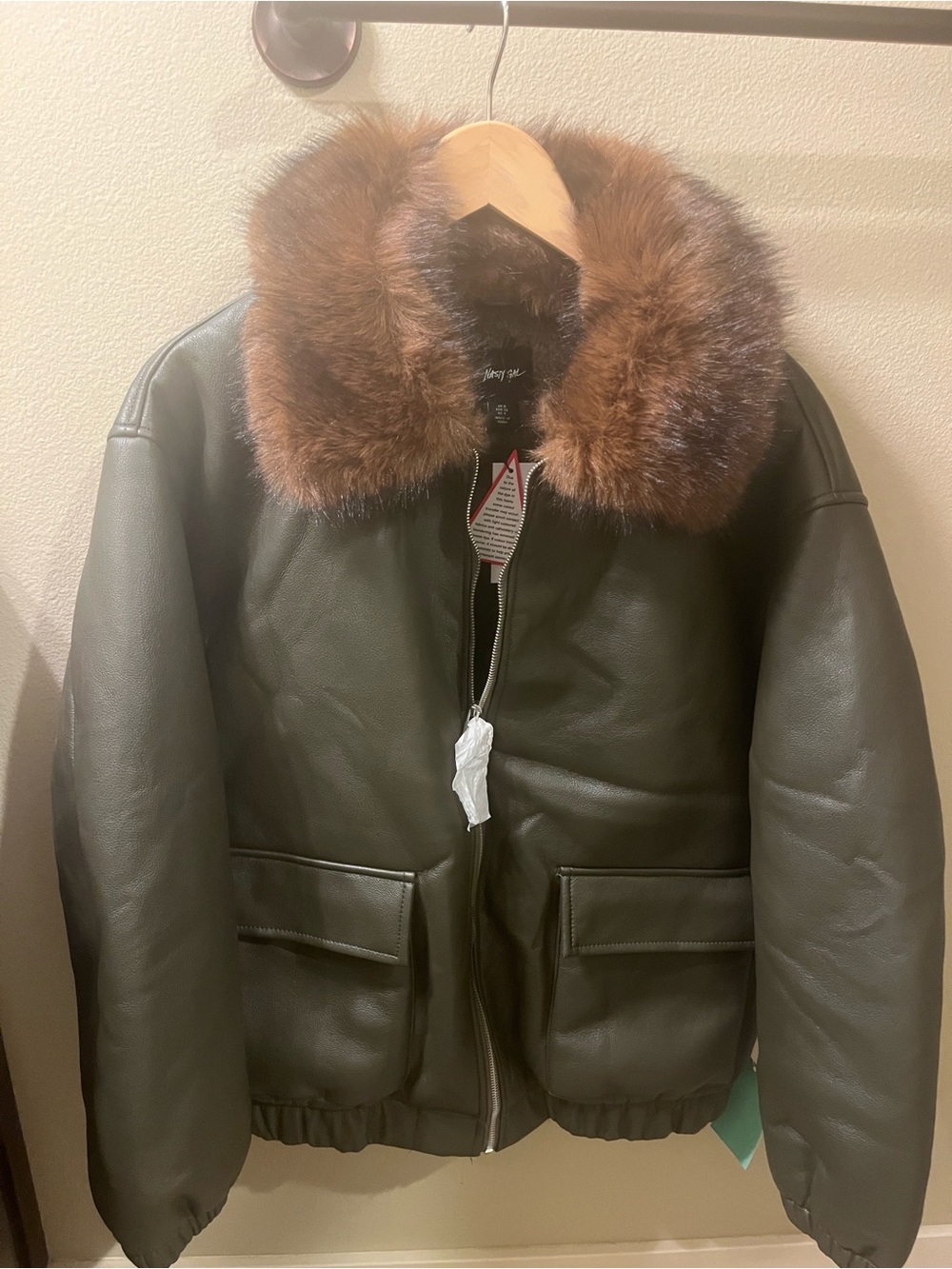 Women’s Nasty Gal Olive Green Bomber Jacket with Brown Fur Collar